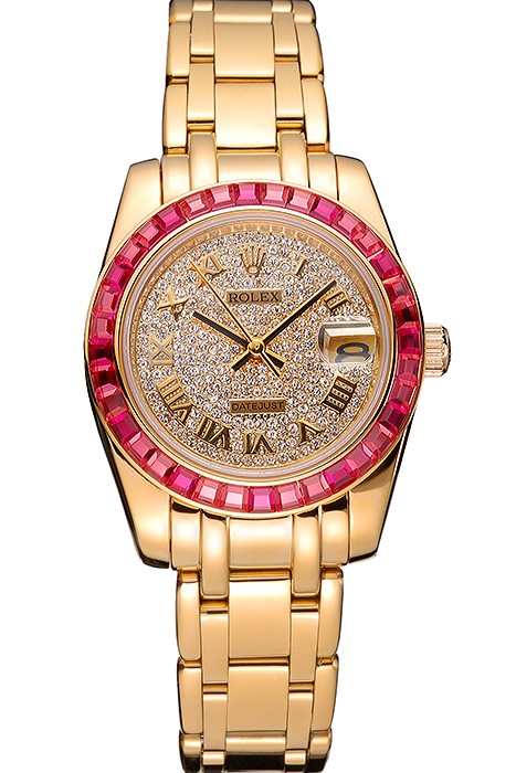 Rolex Datejust Diamond Dial Pink Jewels Bezel Gold Case And Bracelet  622835