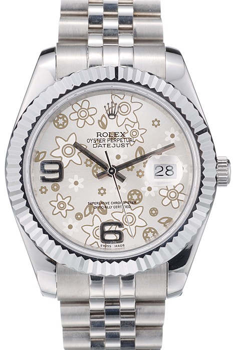 Rolex DateJust Stainless Steel Ribbed Bezel Flower Silver Dial 41983