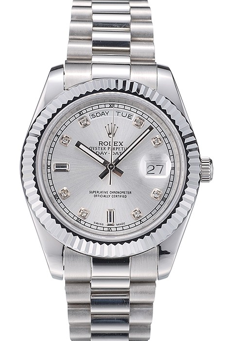 Rolex Swiss DayDate Stainless Steel Ribbed Bezel Silver Dial 41995