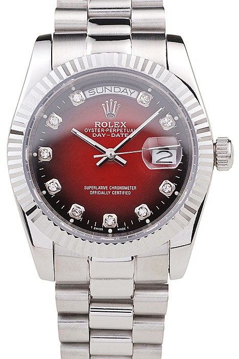 Rolex Day-Date Polished Stainless Steel Two Tone Red Dial