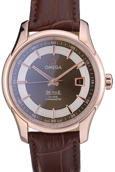 Omega Swiss DeVille Rose Gold Bezel Brown Leather Strap 7614
