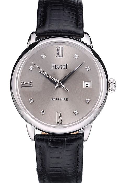 Piaget Swiss Traditional Grey Dial Black Leather Strap 7627