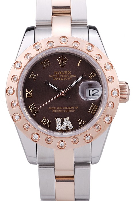 Rolex Datejust Diamonds Rose Gold Polished Bezel Brown Dial 7475