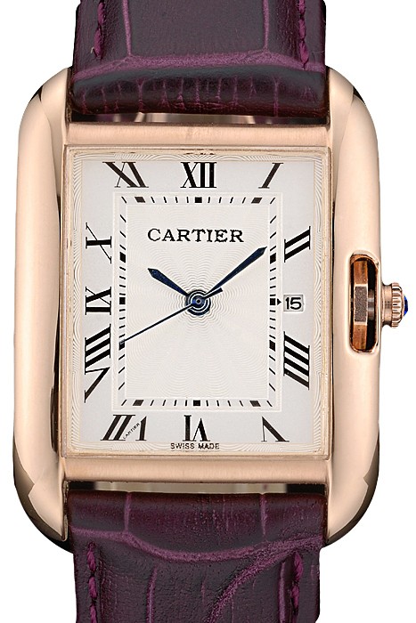 Cartier Tank Anglaise 30mm White Dial Gold Case Purple Leather Bracelet