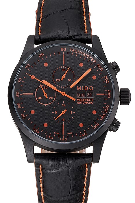Mido Multifort Cronograph All Black & Orange Dial Black Leather Strap   622181