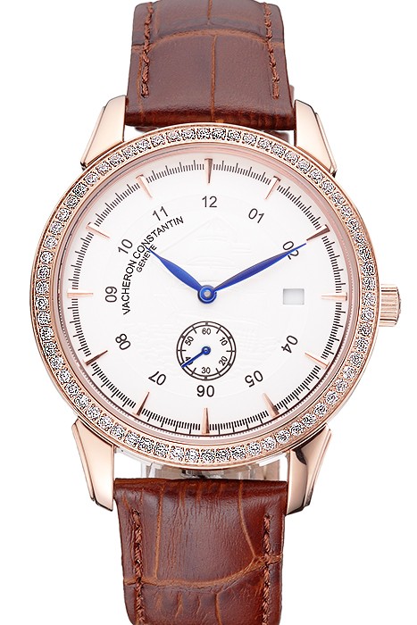 Vacheron Constantin Traditionnelle White Ship Dial Rose Gold Case With Diamonds Brown Leather Strap