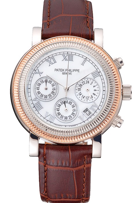 Patek Phillipe Grand Complications Hobnail Bezel Roman Numerals Brown Leather Strap