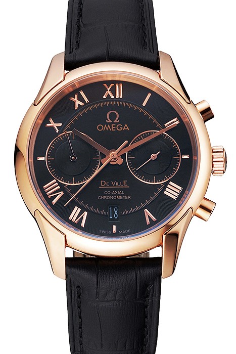 Omega DeVille Rose Gold Bezel with Black Dial and Black Leather Strap  621569