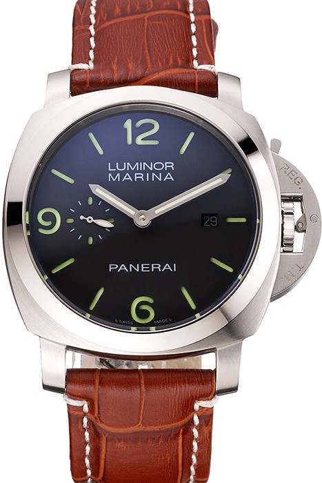 Panerai Luminor Marina 1950 Black Dial Brushed Steel Case Light Brown Leather Strap