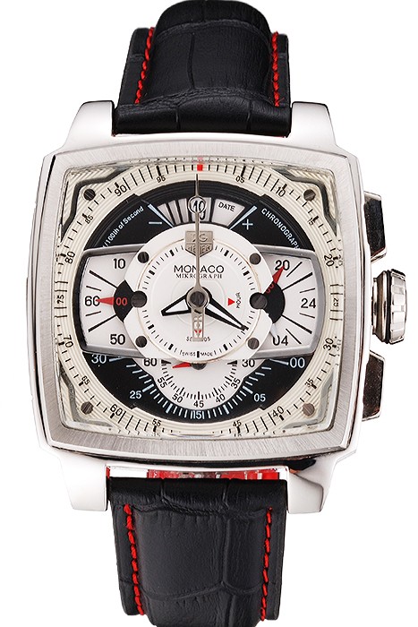 Tag Heuer Monaco Black Perforated Leather Strap White Dial 80306