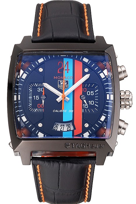 Tag Heuer Monaco Calibre 36 Blue And Orange Stripes Dial Black Leather Strap 622302