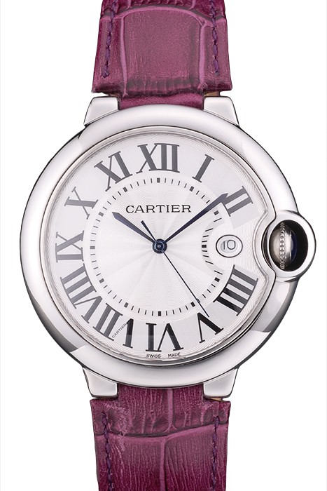 Cartier Ballon Bleu 42mm White Dial Stainless Steel Case Purple Leather Bracelet