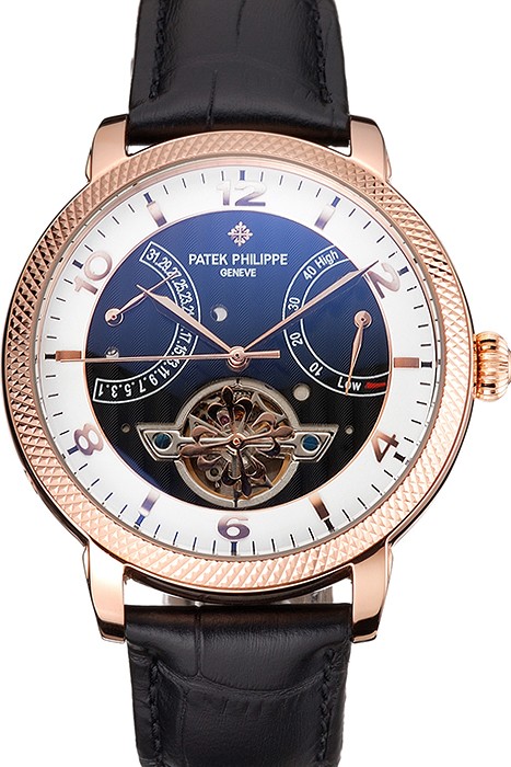 Patek Philippe Classic Tourbillon Power Reserve Black And White Dial Rose Gold Case Black Leather Strap