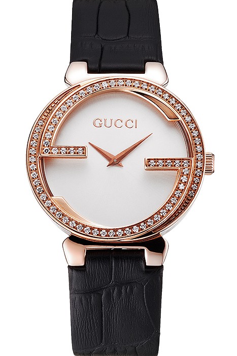 Gucci Interlocking Rose Gold Bezel with Diamonds and Black Leather Band  621514
