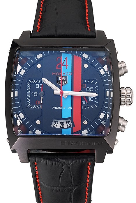 Tag Heuer Monaco Calibre 36 Blue And Red Dial Stripes Dial Black Leather Strap 622272