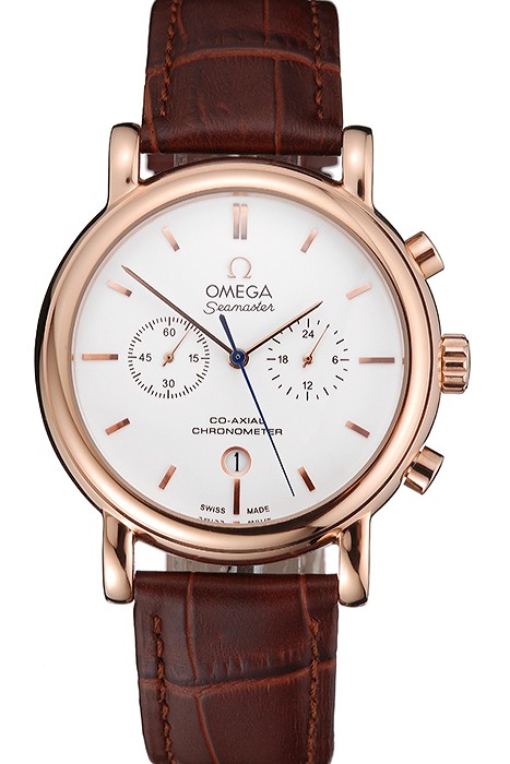 Omega Seamaster Vintage Chronograph White Dial Rose Gold Case Brown Leather Strap