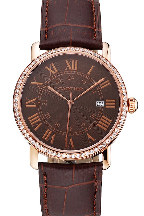 Cartier Ronde Solo Brown Dial Diamond Bezel Rose Gold Case Brown Leather Strap