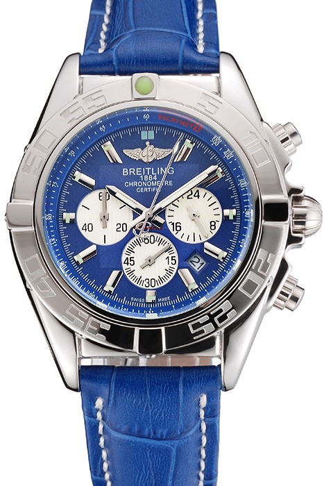 Breitling Chronomat Patrouille De France Blue Dial Stainless Steel Case Blue Leather Strap
