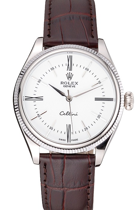 Rolex Cellini White Dial Stainless Steel Case Brown Leather Strap  622839
