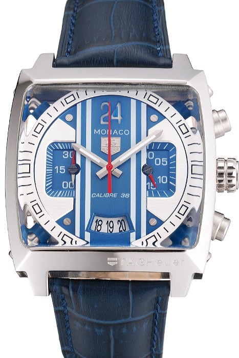 Tag Heuer Monaco 24 Calibre 36 Chronograph Blue And Grey Stripes Dial Blue Leather Strap 622273