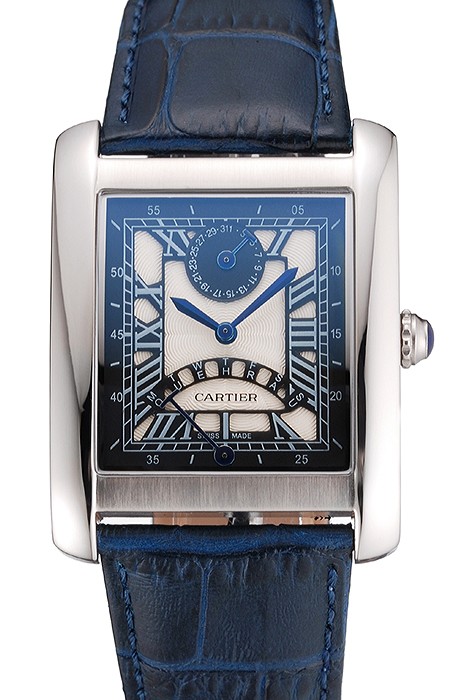 Cartier Tank White Dial Stainless Steel Case Blue Leather Strap  622762