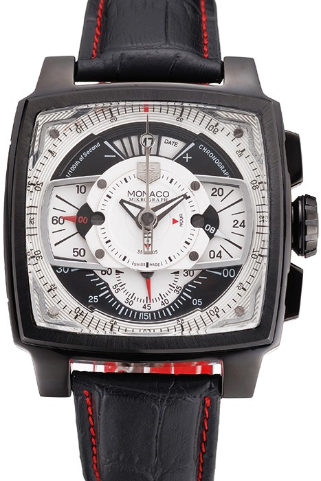 Tag Heuer Monaco Black-Red Perforated Leather Strap White Dial 80307