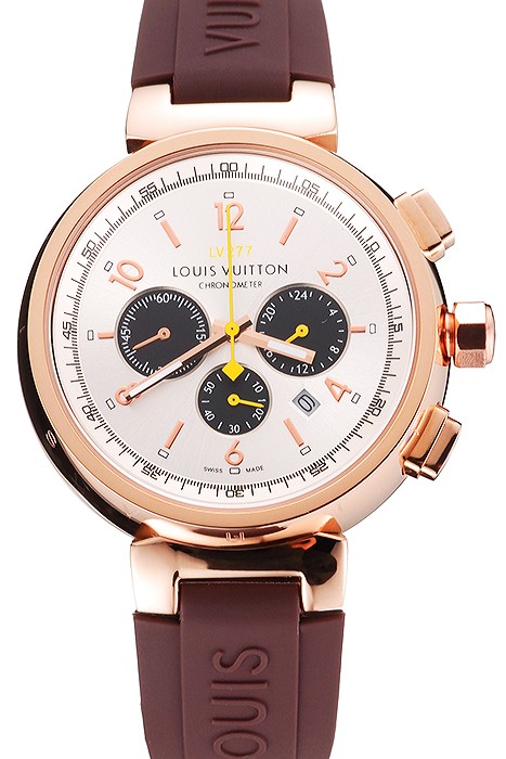 Louis Vuitton Tambour LV277 Chronograph White Dial Rose Gold Case Brown Rubber Strap