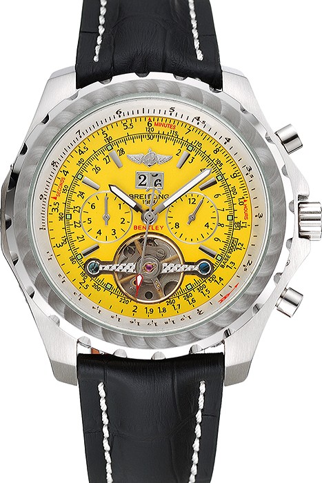 Breitling Bentley Mulliner Tourbillon Yellow Dial Stainless Steel Case Black Leather Strap  622730